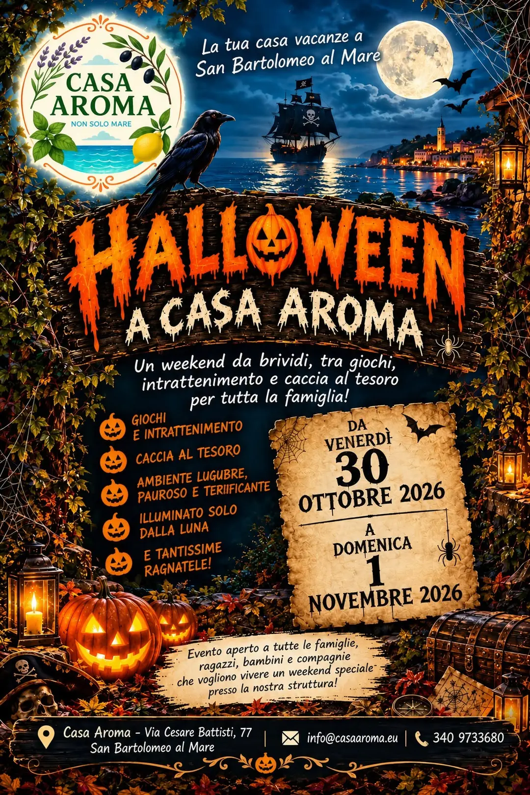 Locandina: Halloween a Casa Aroma, dal 30 ottobre al 1 novembre 2026, con giochi, caccia al tesoro, luna piena e ragnatele